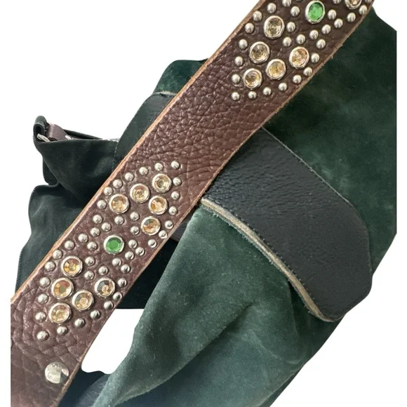 Tylie Malibu Green Suede Leather Shoulder Bag w/Swarovski crystal strap - Picture 2 of 6